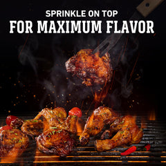 Weber seasoning sprinkled on chicken over grill for crisp crust benefit