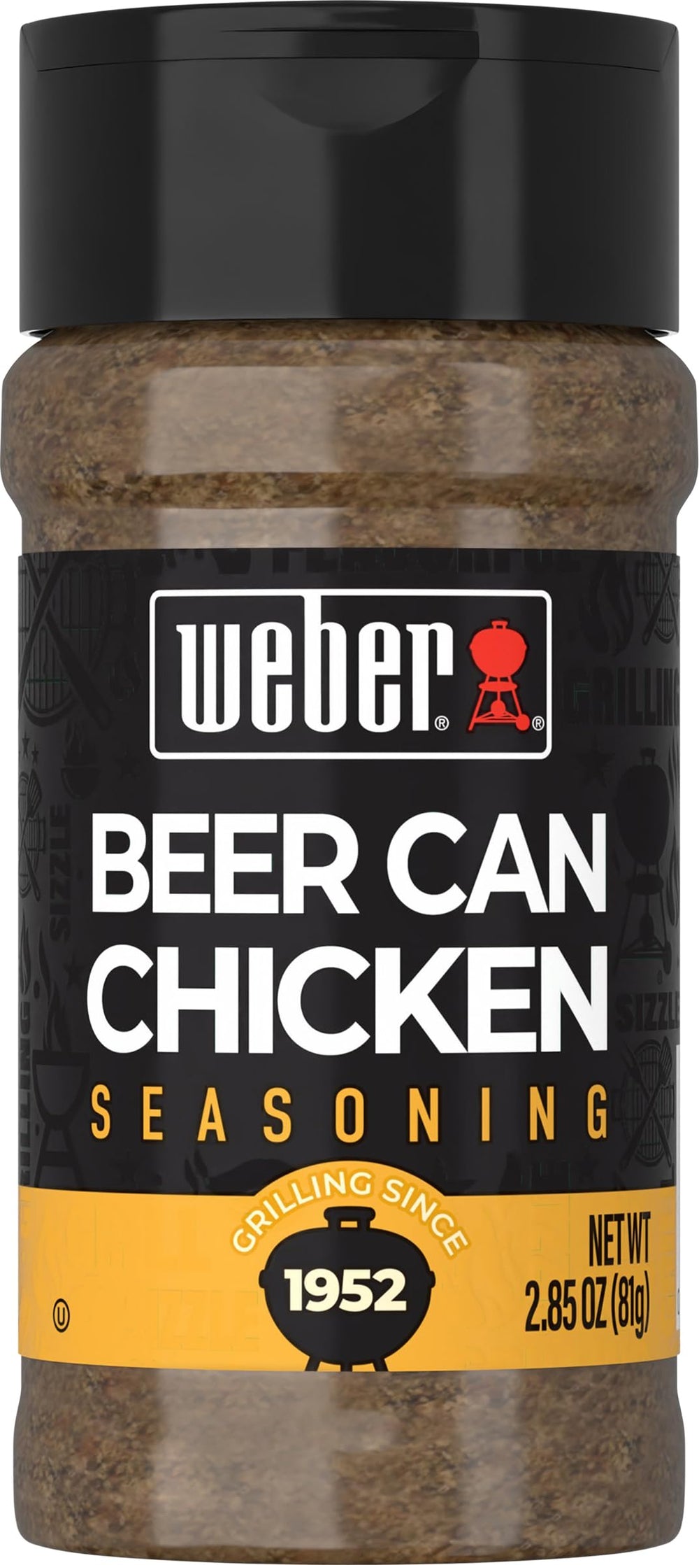 Weber shaker front label showing product and benefit for grilling