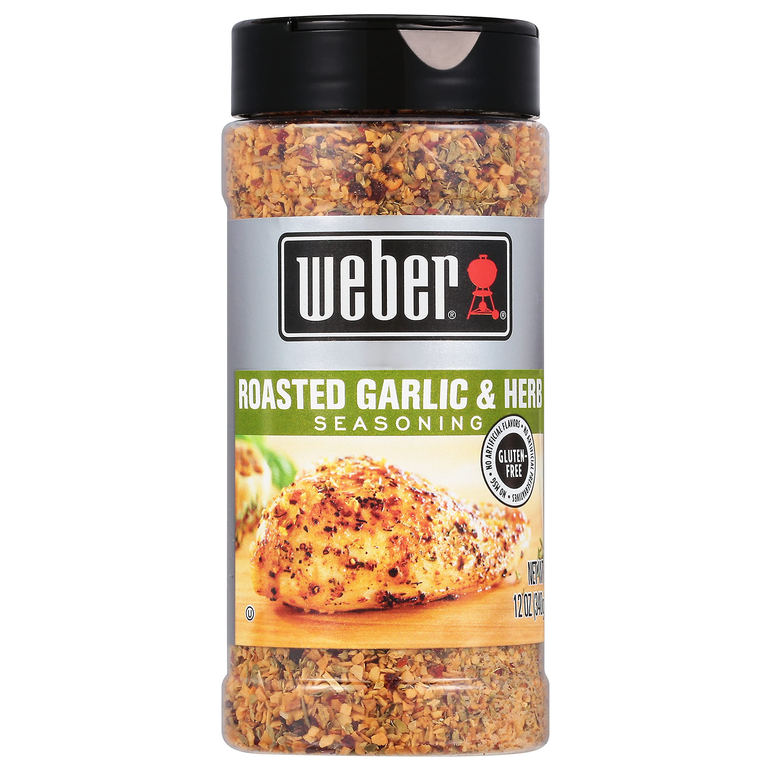 Weber roasted garlic & herb front packaging shows bold label and 12 oz size benefit
