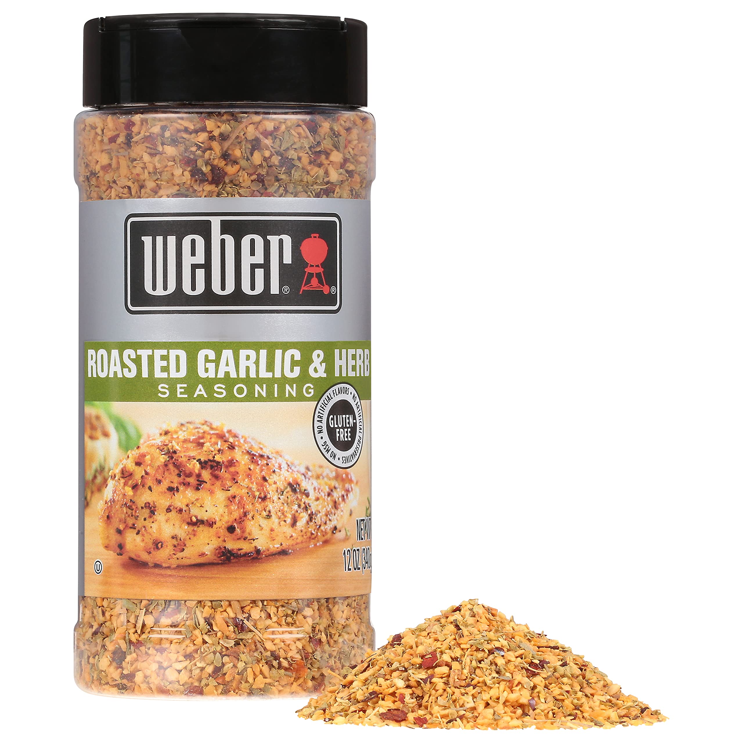 Weber roasted garlic & herb shaker top close-up highlighting easy-dispense lid convenience