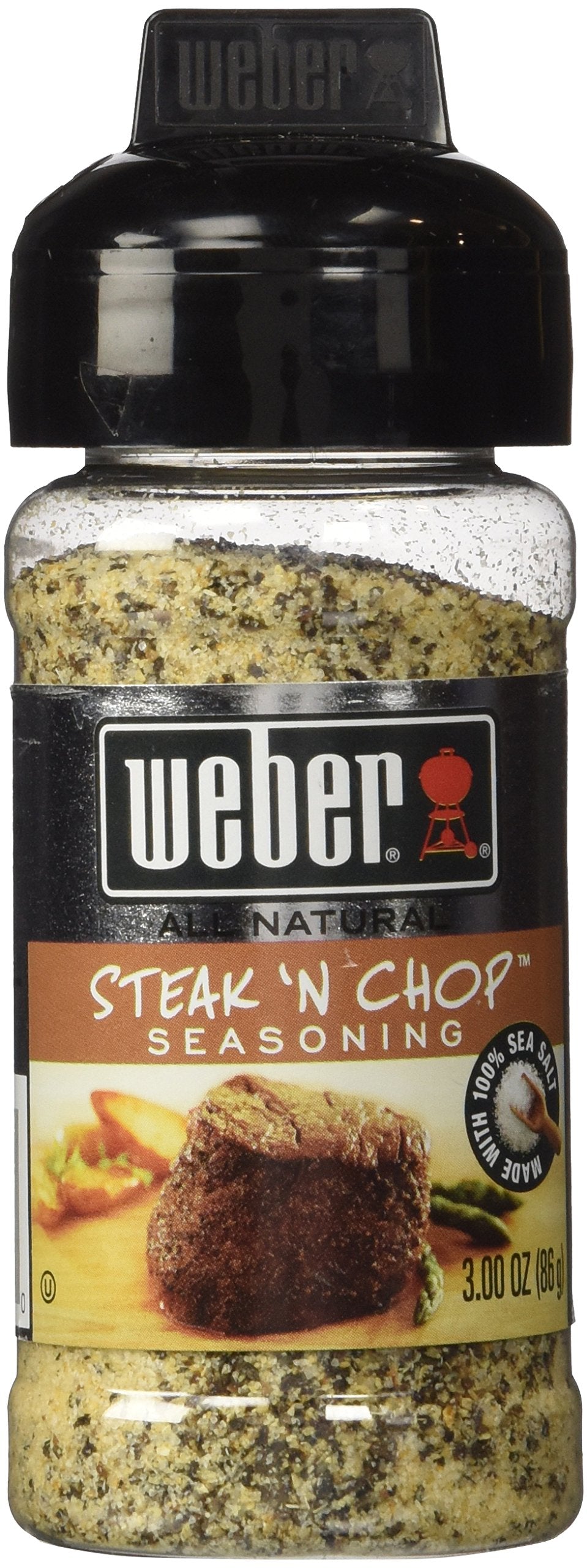 Weber Steak 'N Chop seasoning front packaging showing brand for easy identification and storage benefit
