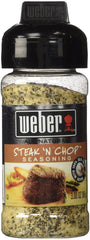 Weber Steak 'N Chop seasoning front packaging showing brand for easy identification and storage benefit