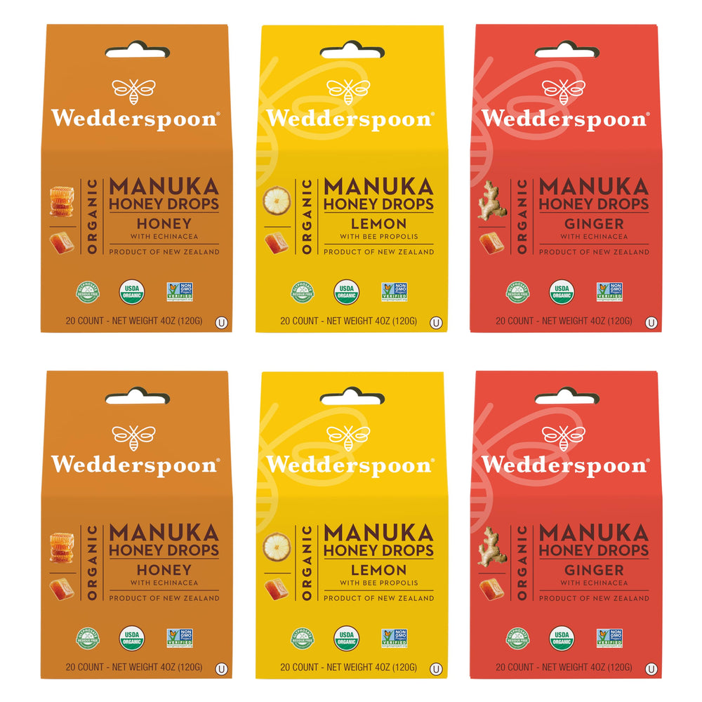 Wedderspoon front packaging showing variety pack and organic label benefits