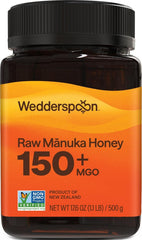 Wedderspoon jar front label showing MGO 150+ and clear branding, highlights quality