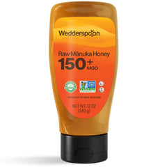 Wedderspoon front packaging showing 12 oz squeeze bottle and clear label for convenience