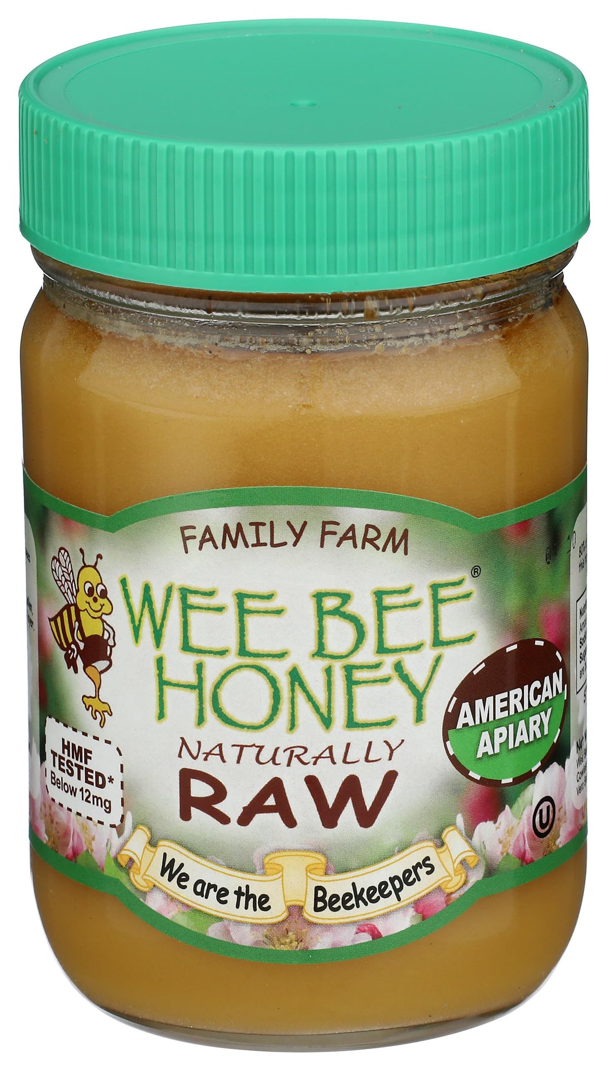 Wee Bee Honey front jar showing label and 1 lb size, highlights estate-grown origin