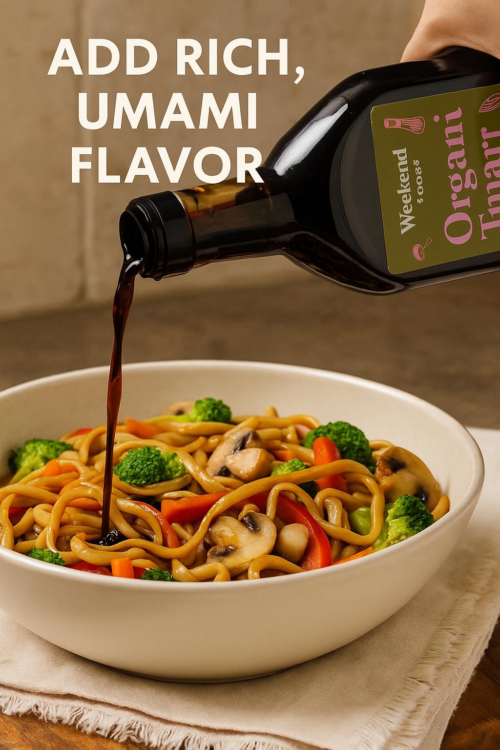 Weekend Foods tamari bottle held in hand to show 16.2 fl oz scale benefit: easy kitchen handling