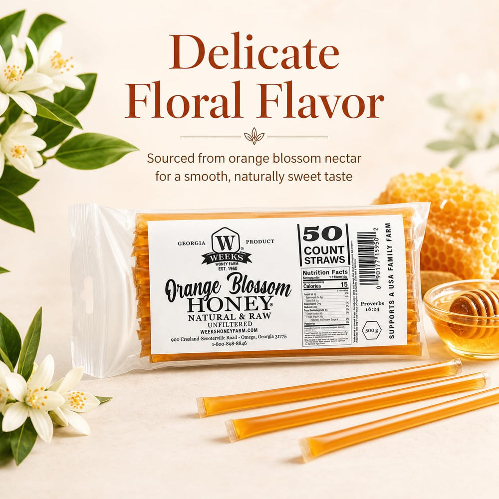 Weeks Honey Farm jar and straws display emphasizing pantry-ready convenience