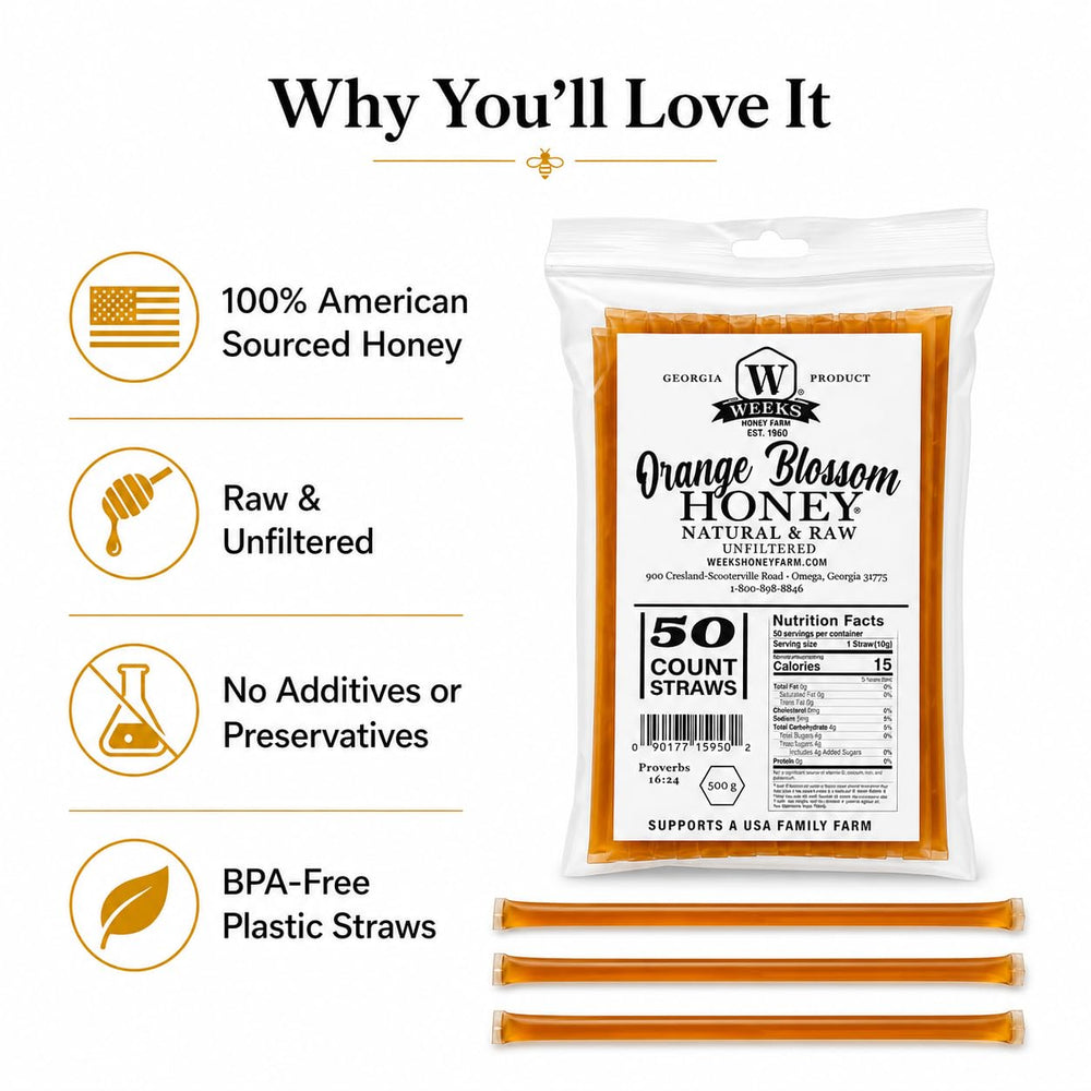 Weeks Honey Farm opened straw releasing honey for easy single-serve use