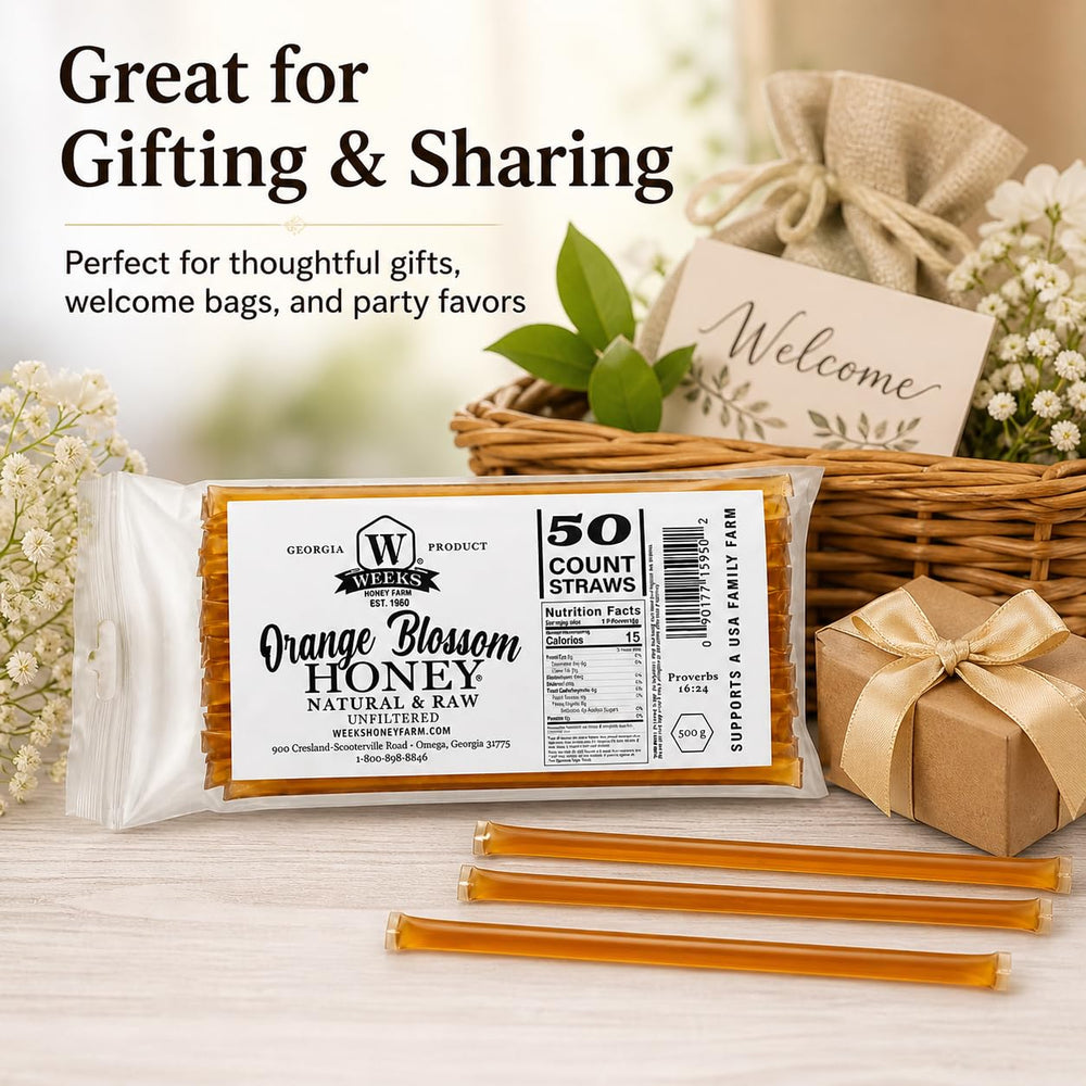 Weeks Honey Farm straws with coffee and snack for travel-friendly sweetening