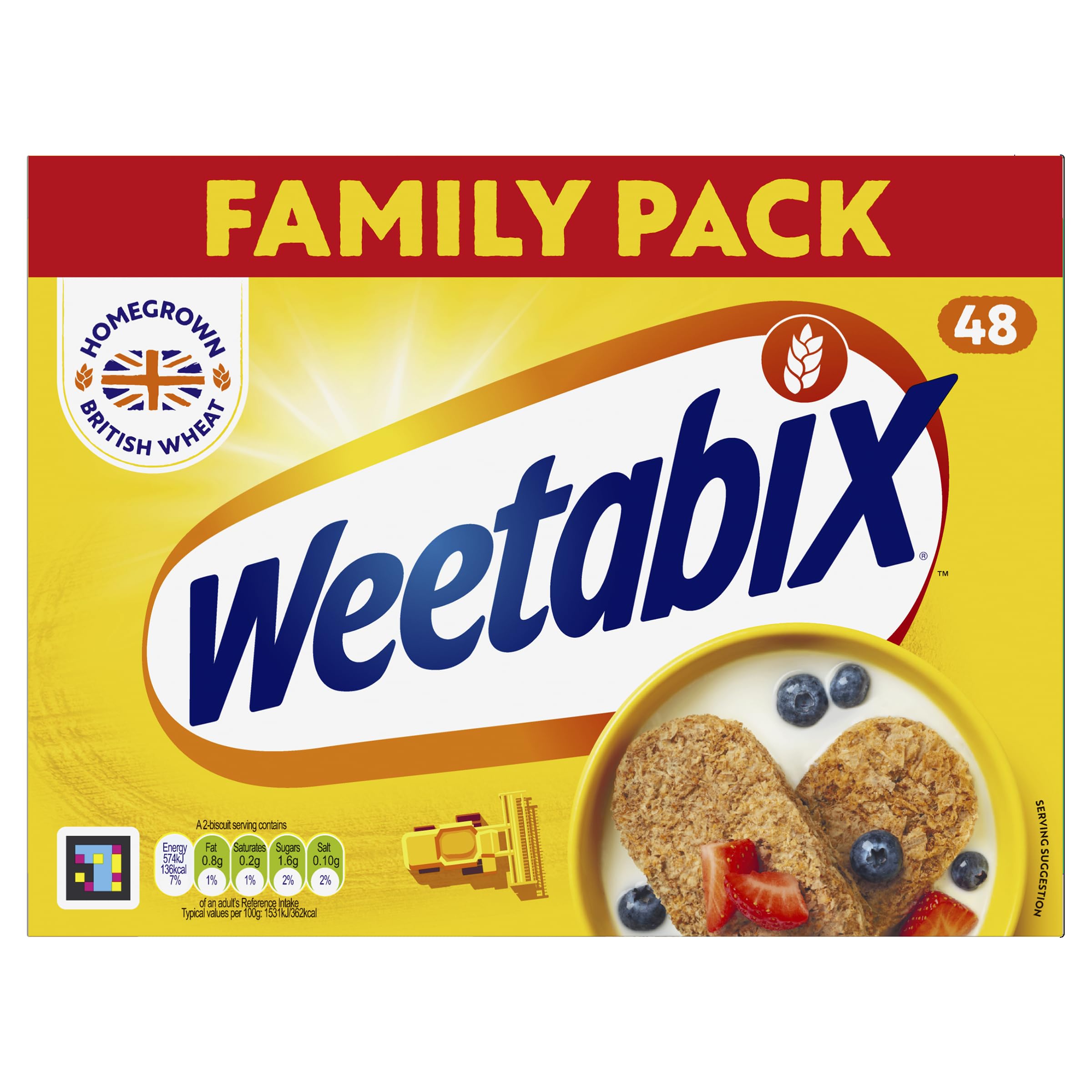 Weetabix front packaging showing pack of 48 and clear branding benefit convenience