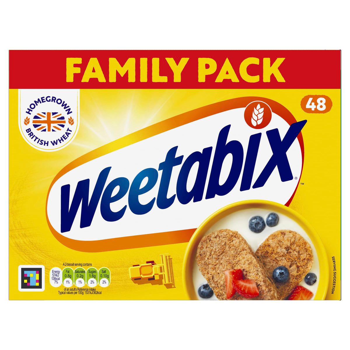 Weetabix front packaging showing pack of 48 and clear branding benefit convenience