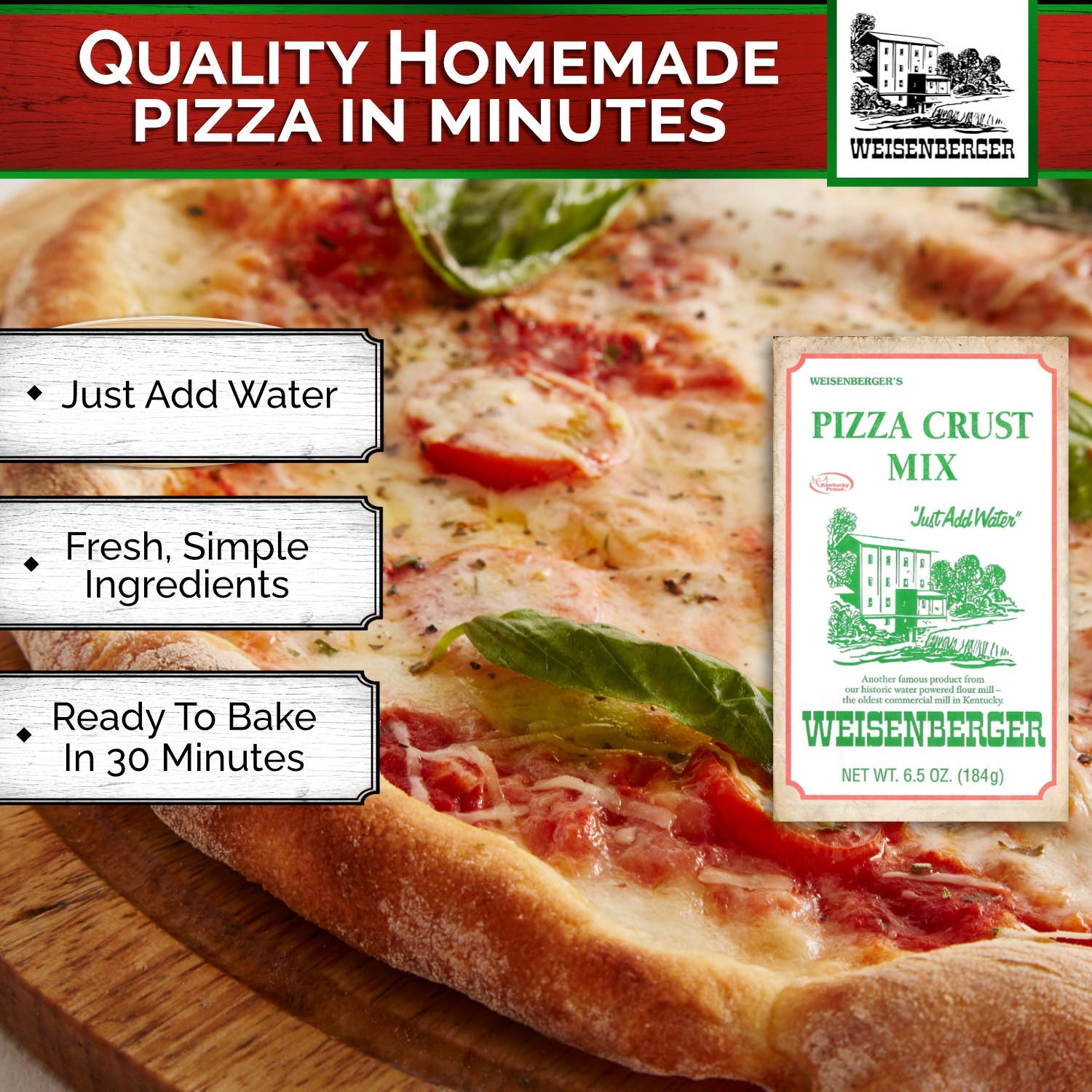 Weisenberger pizza with golden crust topped and baked, demonstrating sturdy chew and crisp edge