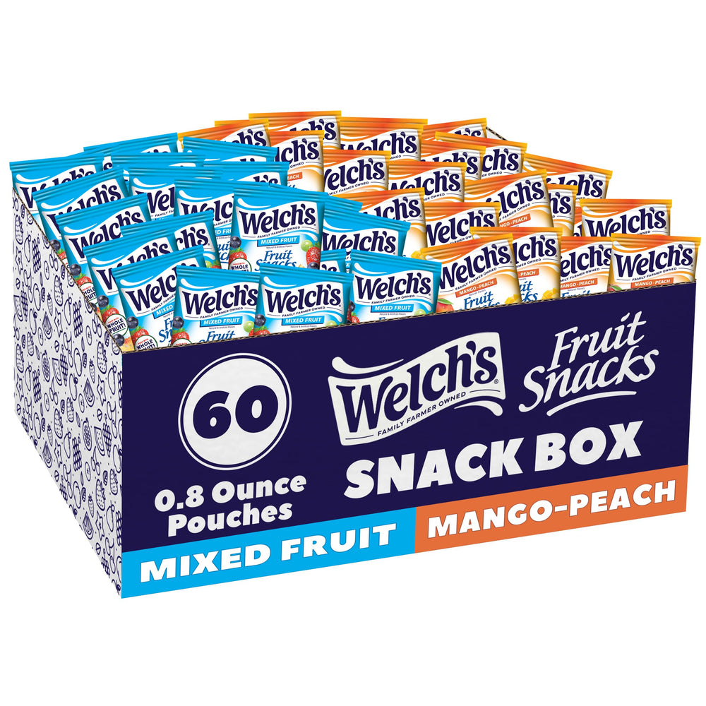 Welch's front box showing mixed fruit and mango peach flavors and easy grab-and-go appeal