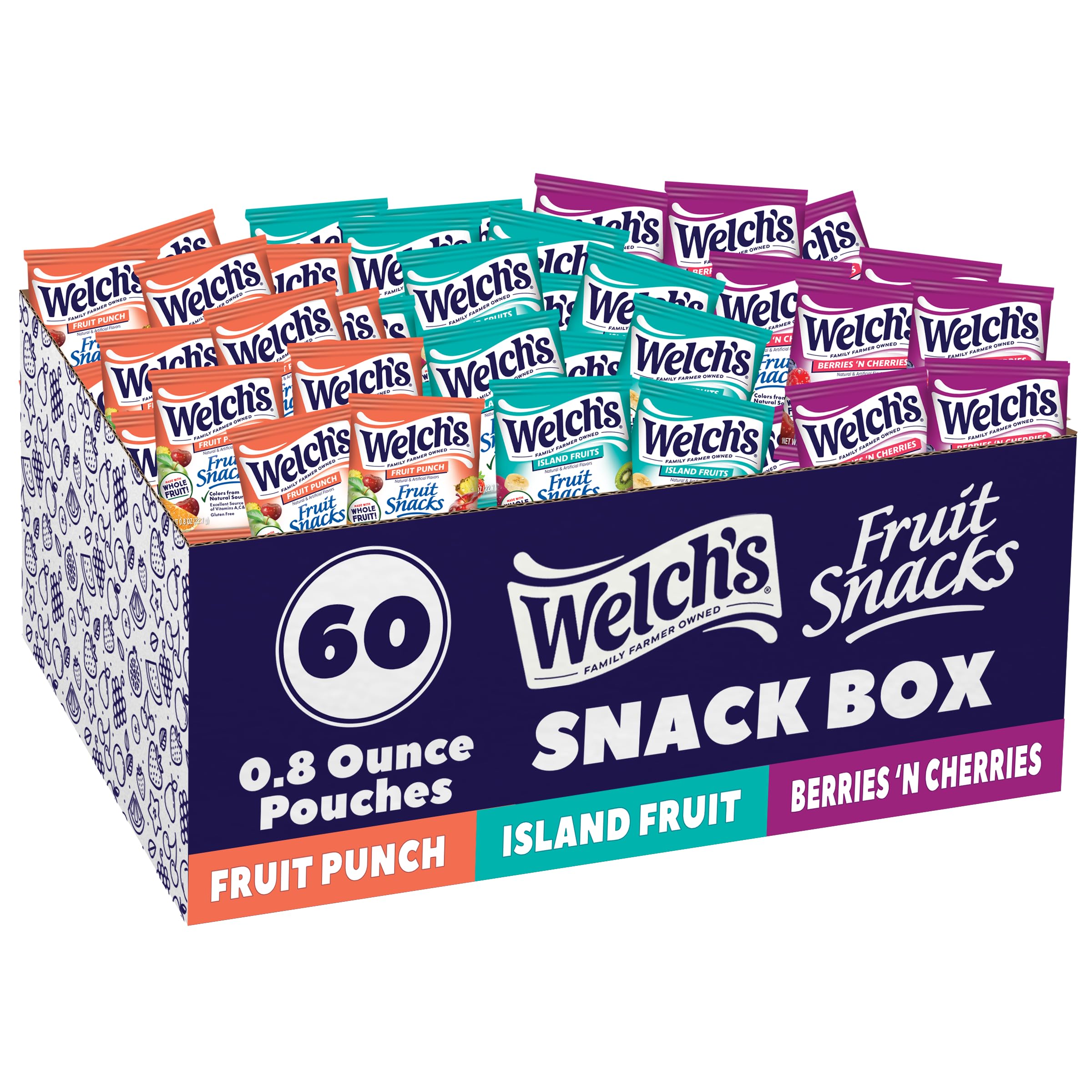 Welch's front of box showing 60 count and flavor variety, ideal for stocking up