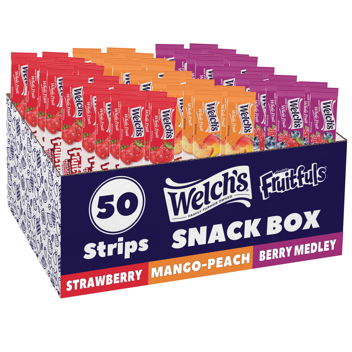 Welch's front packaging 50 count showing variety pack and benefits