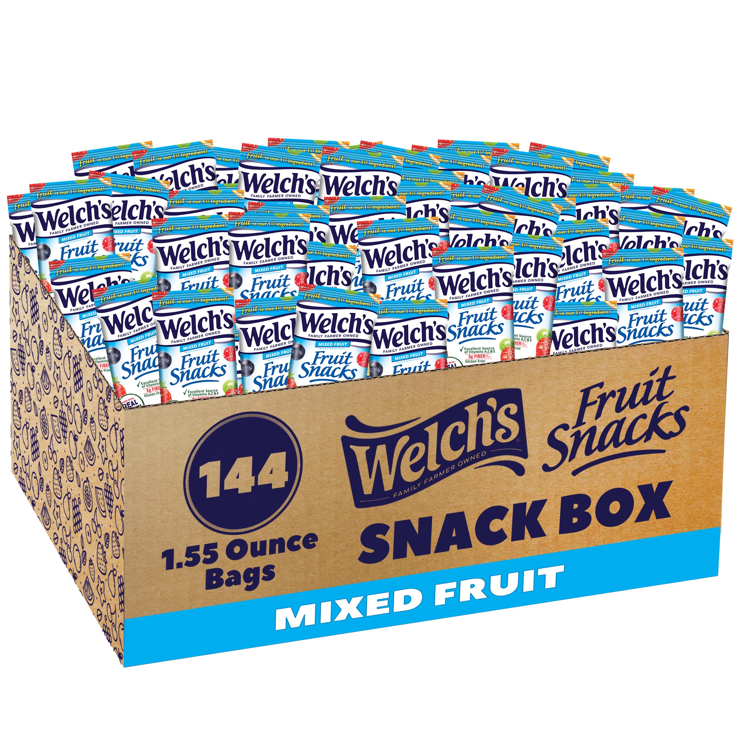 Welch's front packaging showing 144-count mixed fruit pack and clear branding benefits convenience