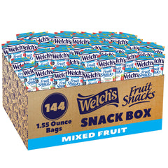 Welch's front packaging showing 144-count mixed fruit pack and clear branding benefits convenience