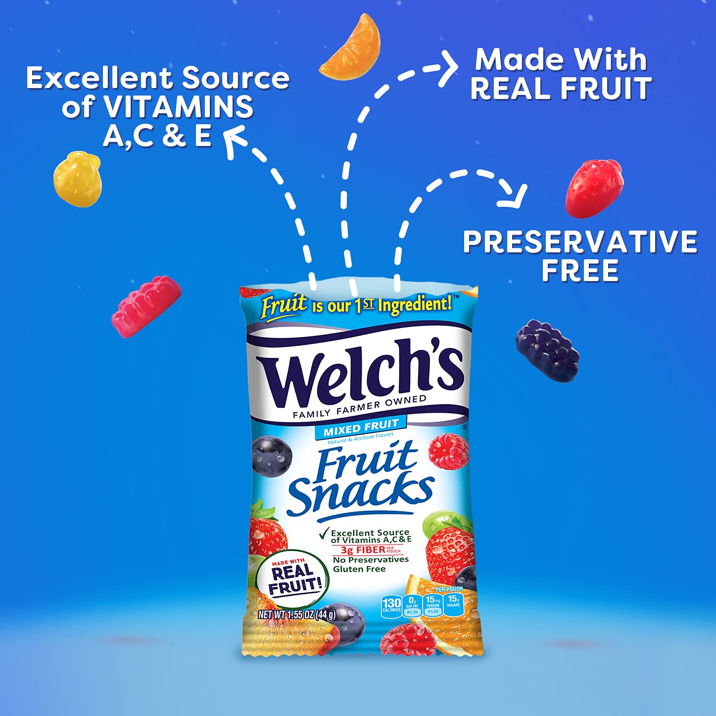 Close-up of Welch's fruit snack texture showing real-fruit-first ingredients and chew appeal