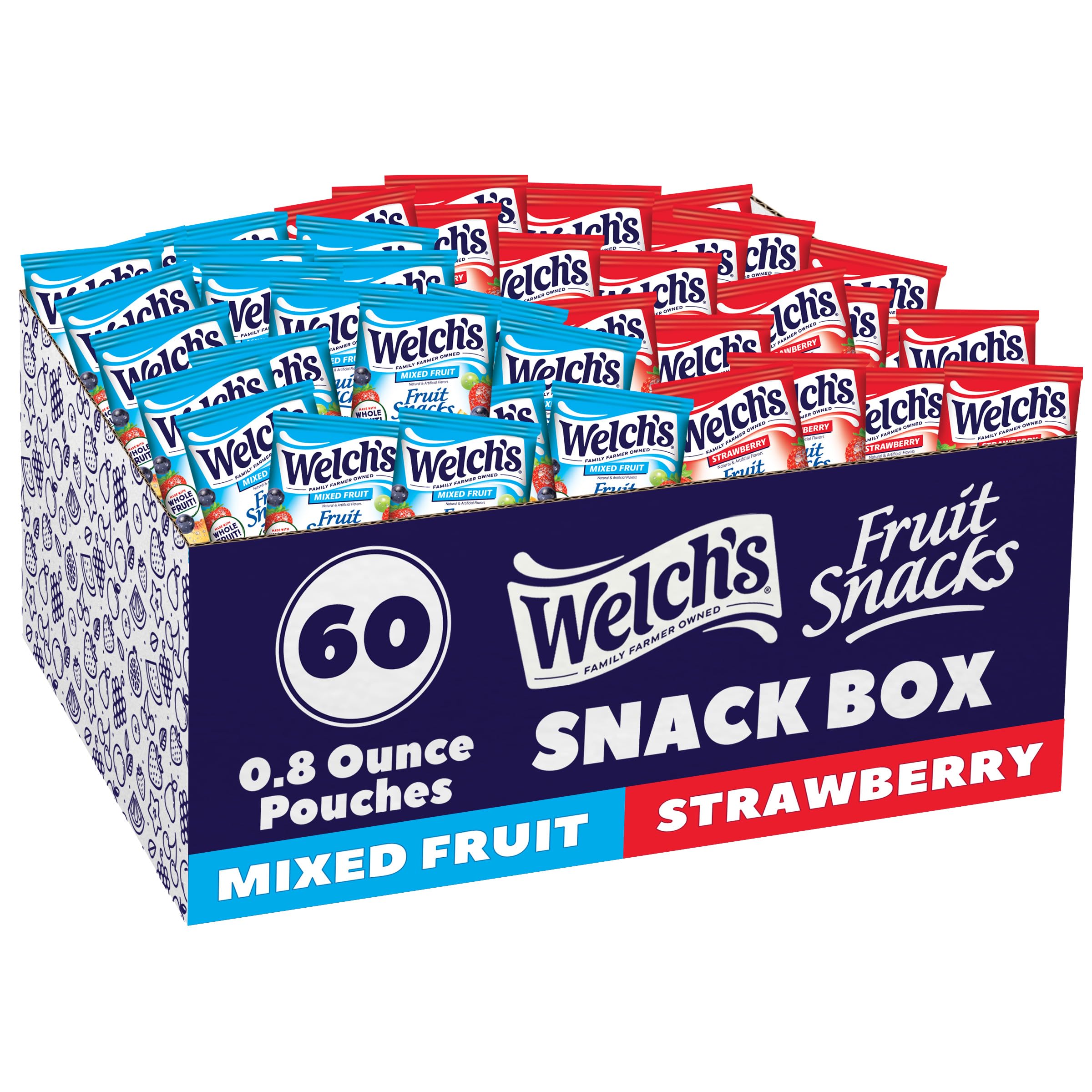 Welch's front box of 60 fruit snack packs showing mixed fruit and strawberry benefits