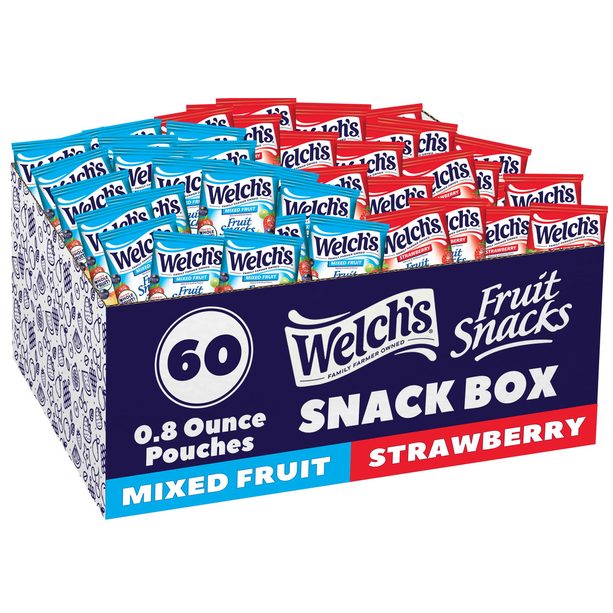 Welch's front box of 60 fruit snack packs showing mixed fruit and strawberry benefits