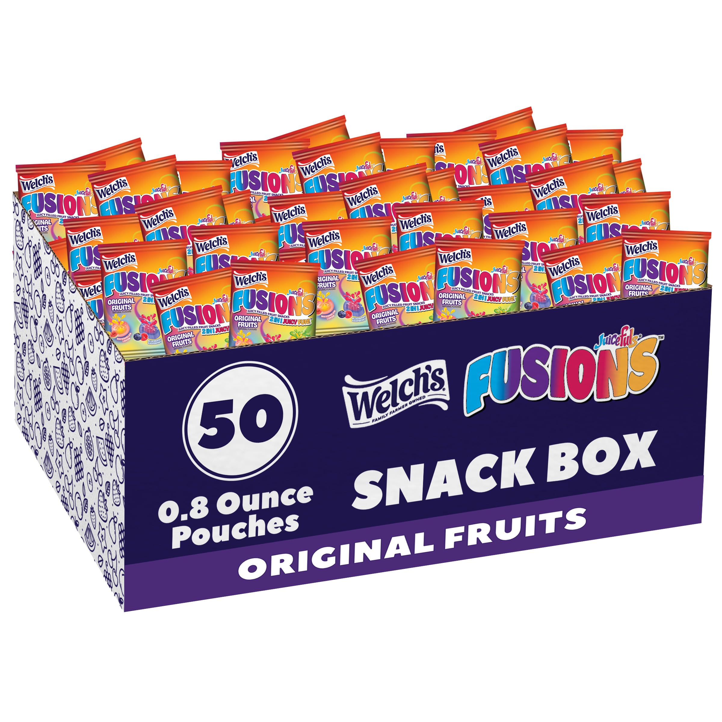Welch's front packaging showing the 50-count fusion snack box and convenience