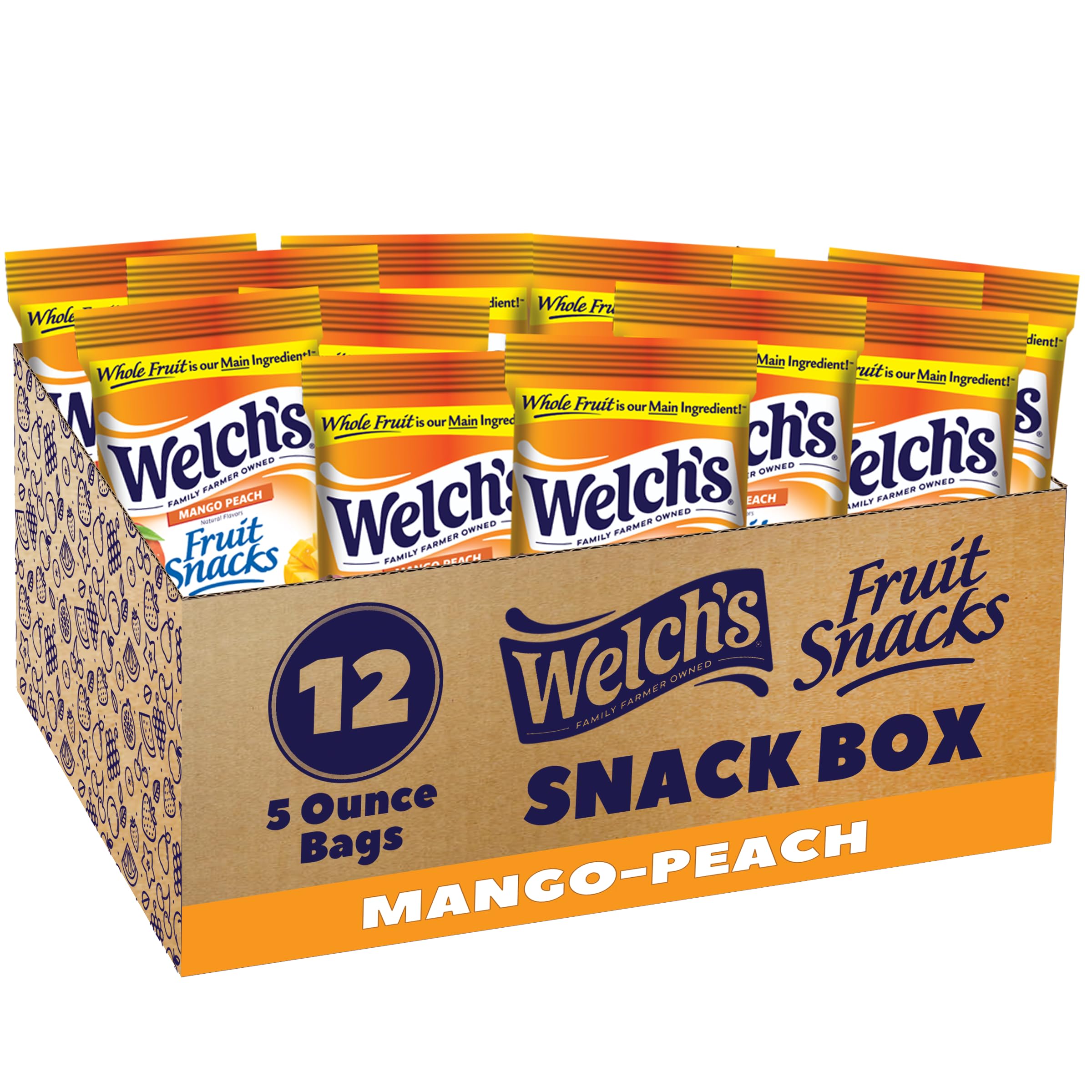Welch's front box showing mango peach snack packs and easy grab convenience