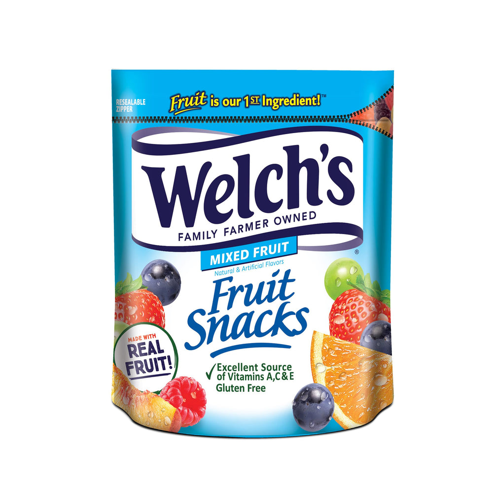 Welch's front pouch showing resealable 28oz pack, easy portioning benefit