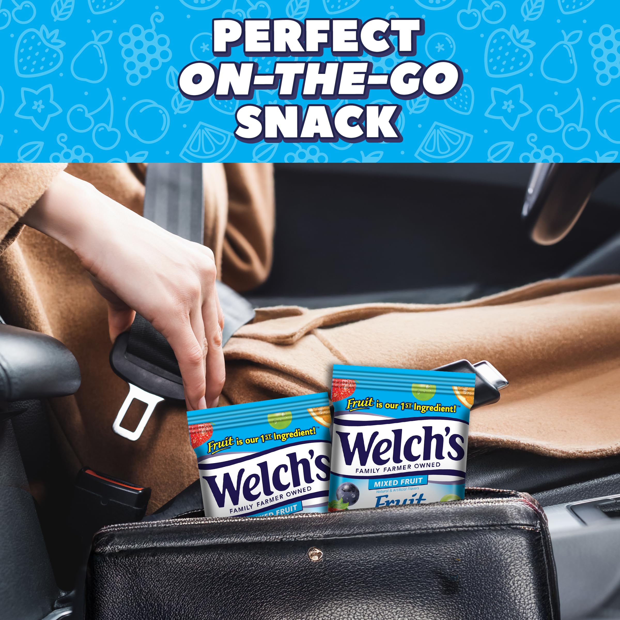 Welch's fruit snack held in hand demonstrating convenient 5 oz portion for lunches