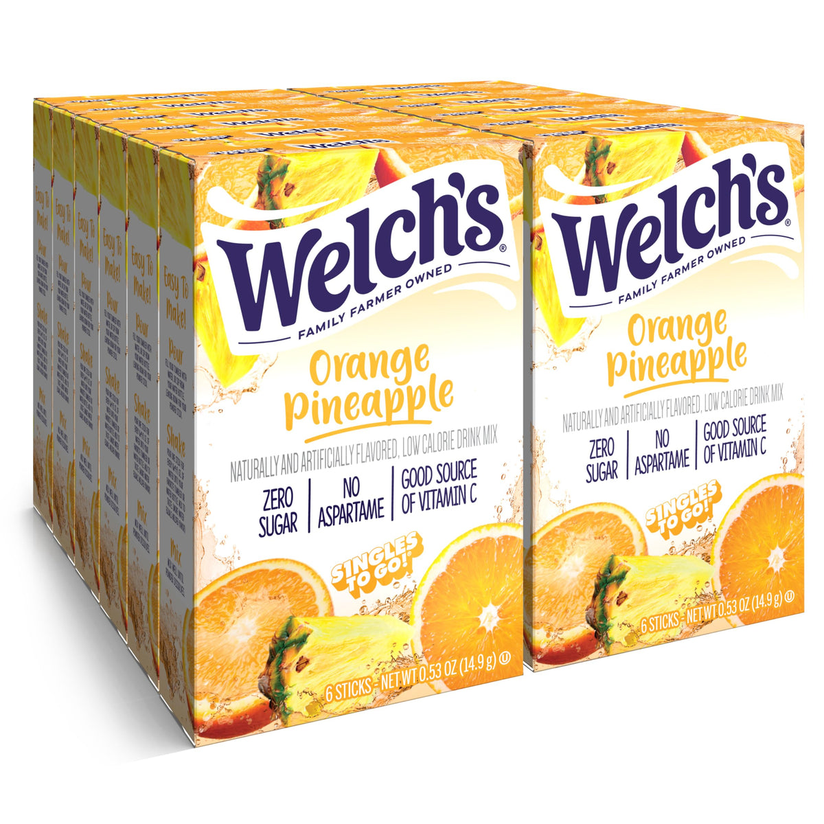 SINGLES TO GO! front packaging showing orange pineapple flavor and 72 packets, helpful for storage