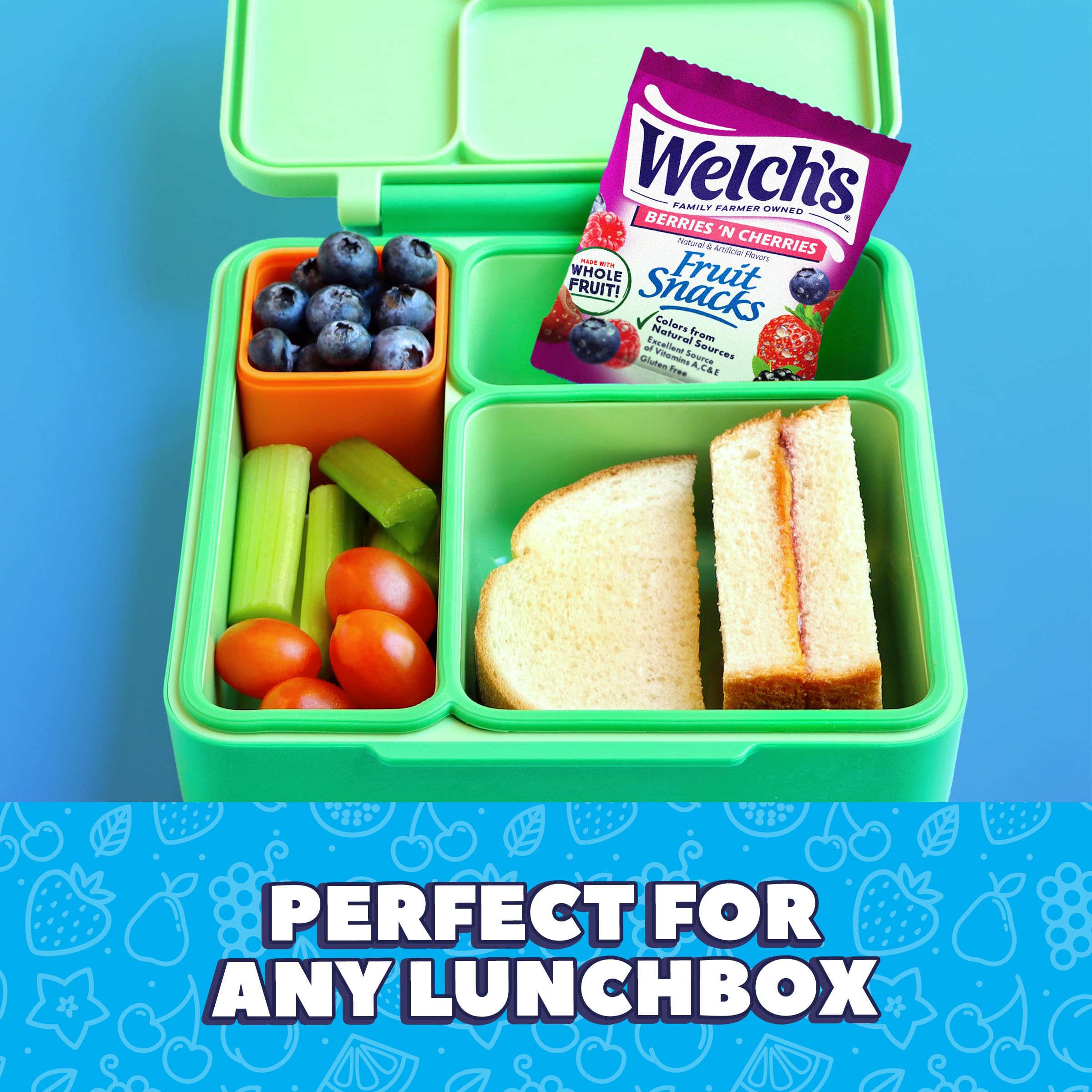 Welch's pouch in a packed lunchbox demonstrating convenience for school