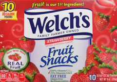Welch's opened pouch with strawberry chews visible, convenient portion for lunches