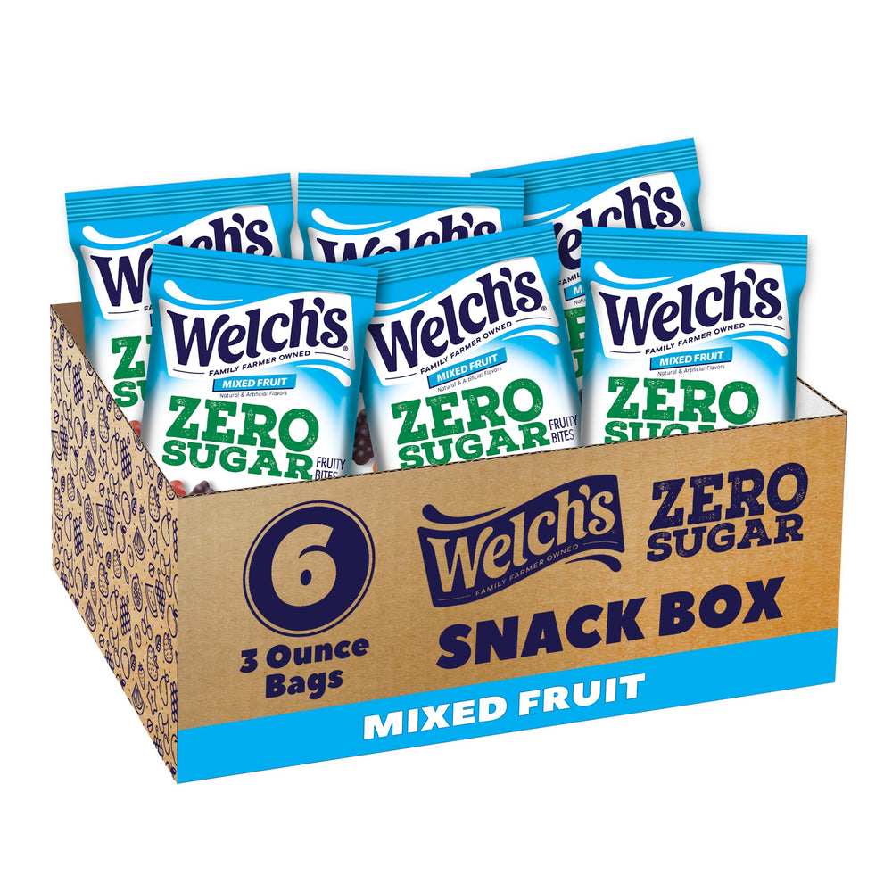Welch's front box showing zero sugar mixed fruit packs and portable convenience