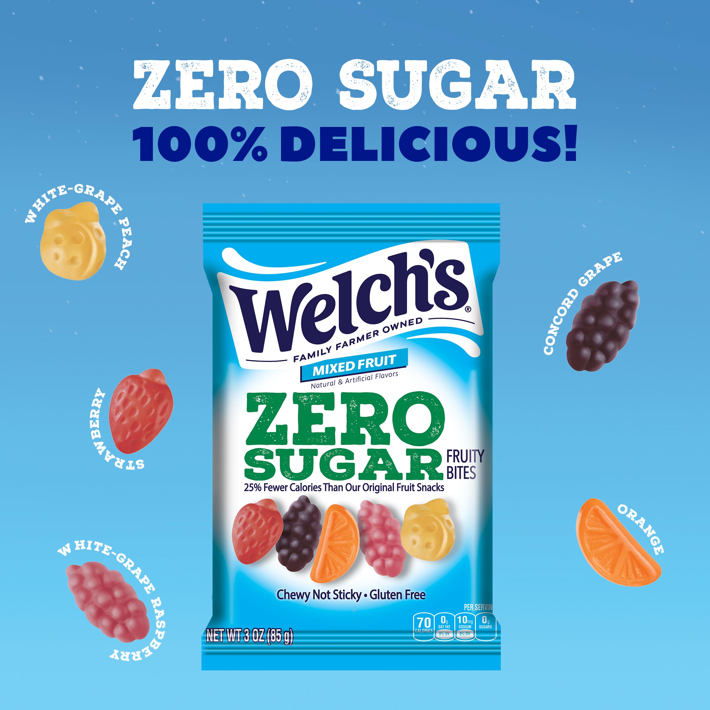 Welch's single 3 oz pack opened with bites visible for quick snacking