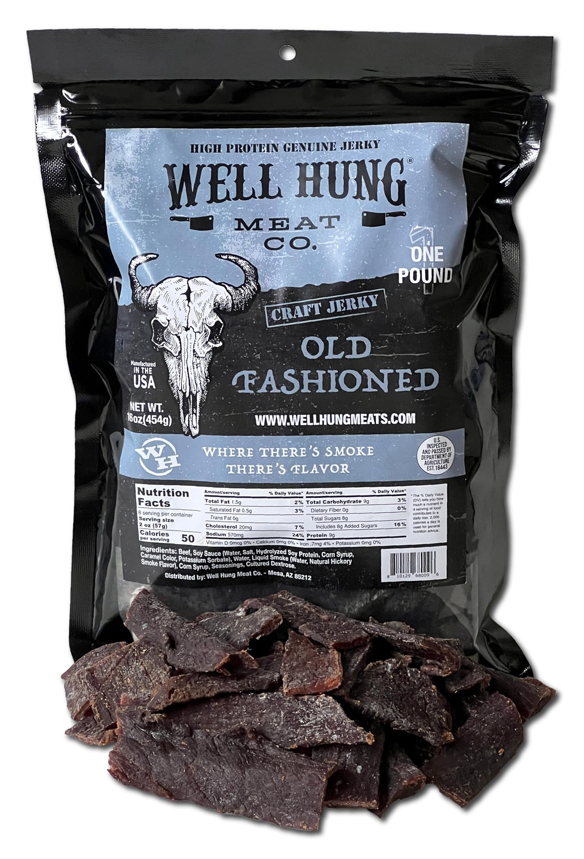 Well Hung front packaging showing craft pouch and smoky branding for bold flavor