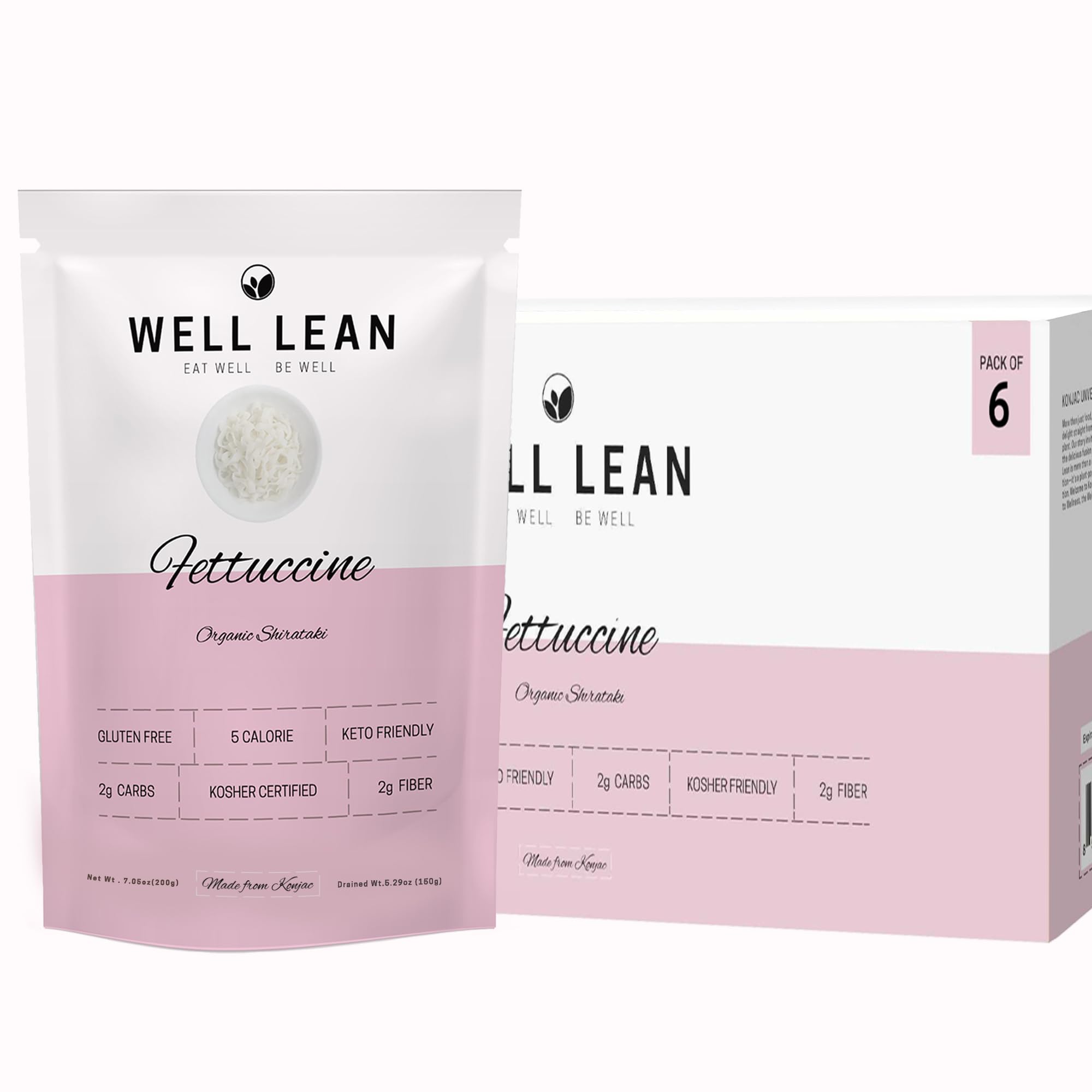 Well Lean front packaging showing organic fettuccine shirataki and low calorie benefit