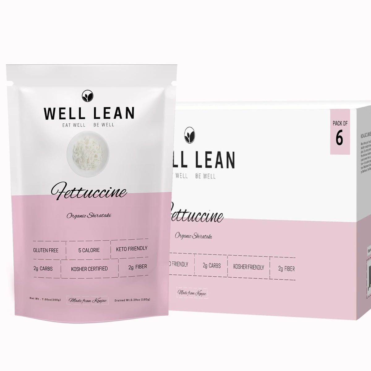 Well Lean front packaging showing organic fettuccine shirataki and low calorie benefit