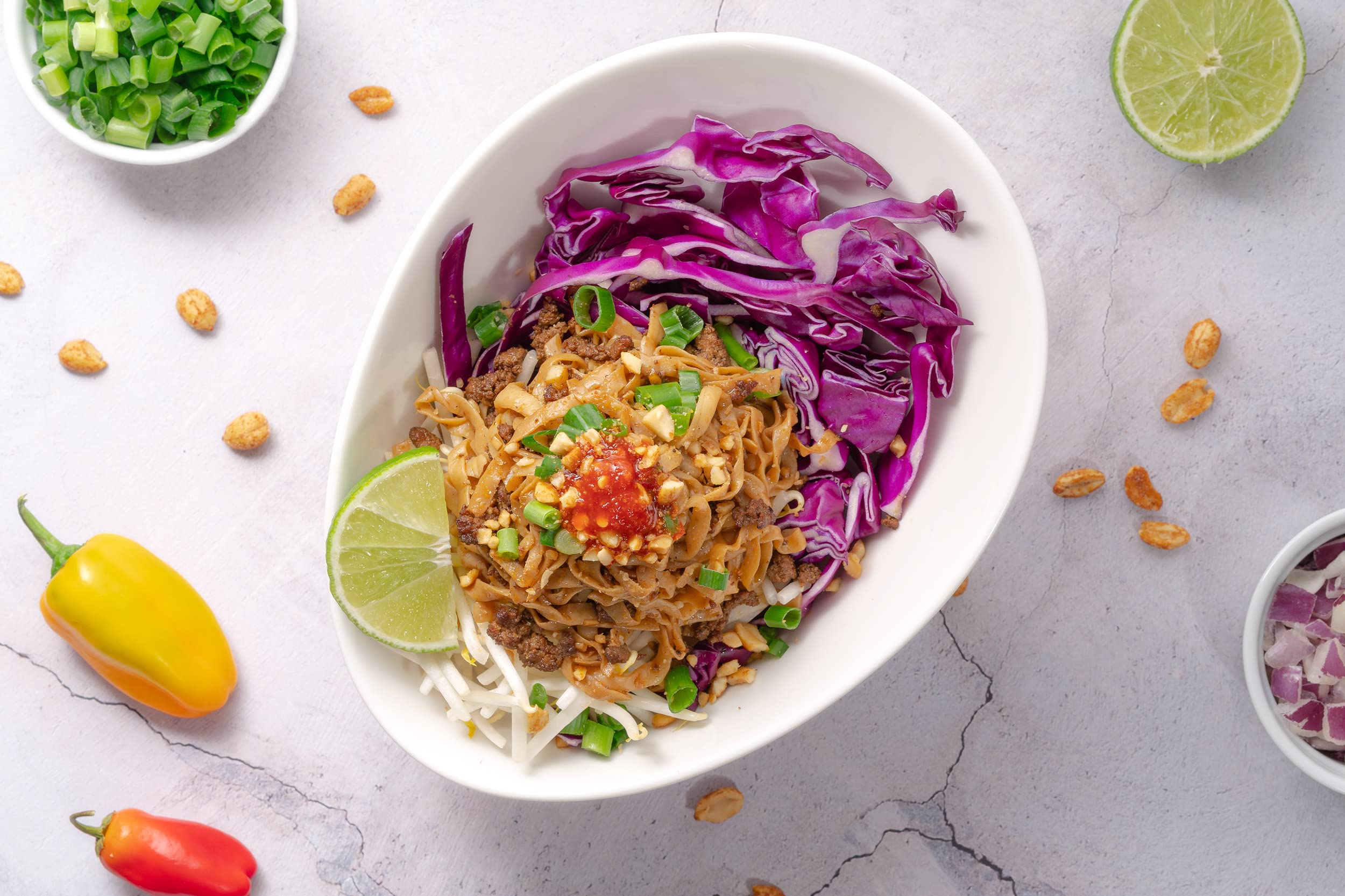 Well Lean noodle in bowl beside fork to show serving size and portion control