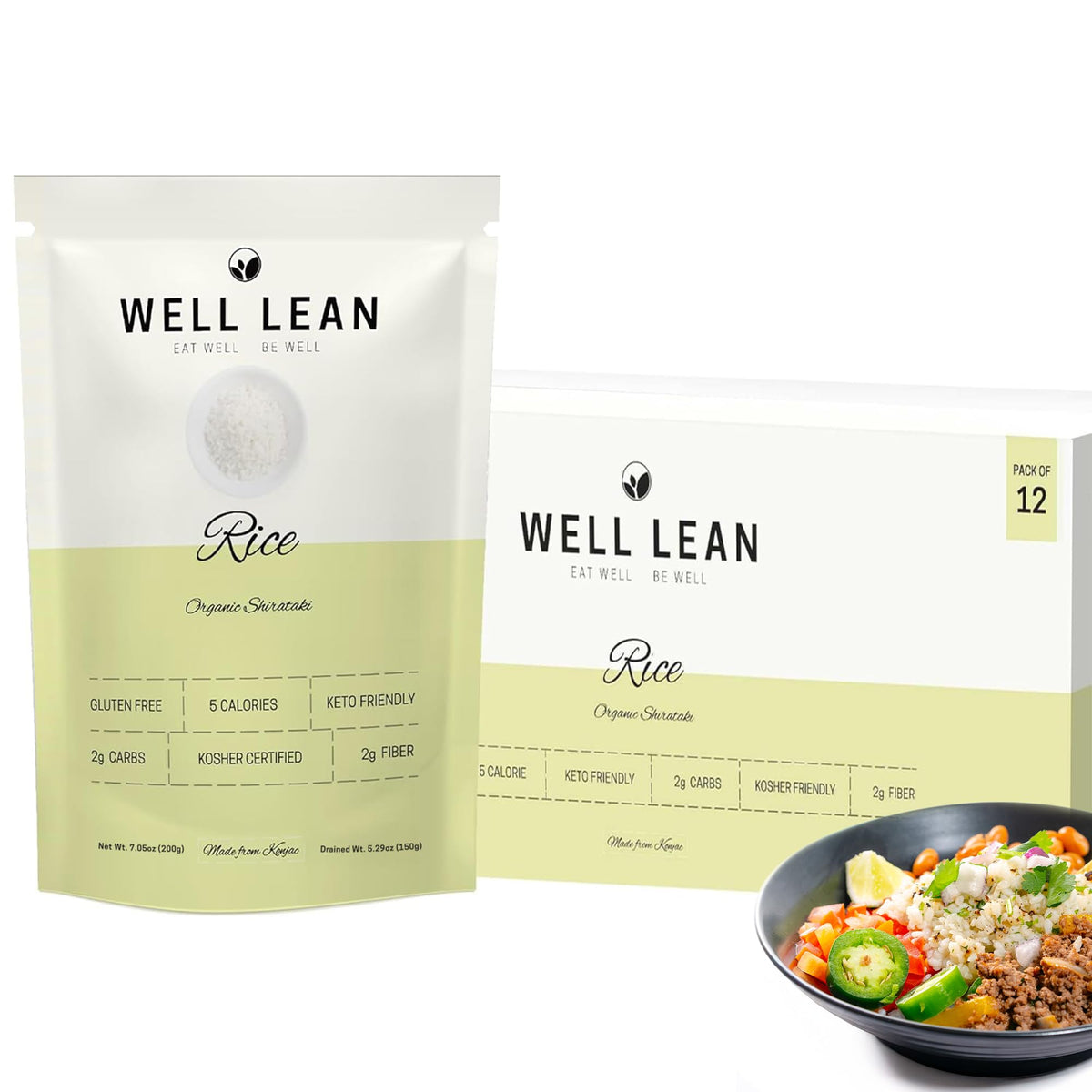 Well Lean front packaging showing organic konjac rice and benefits