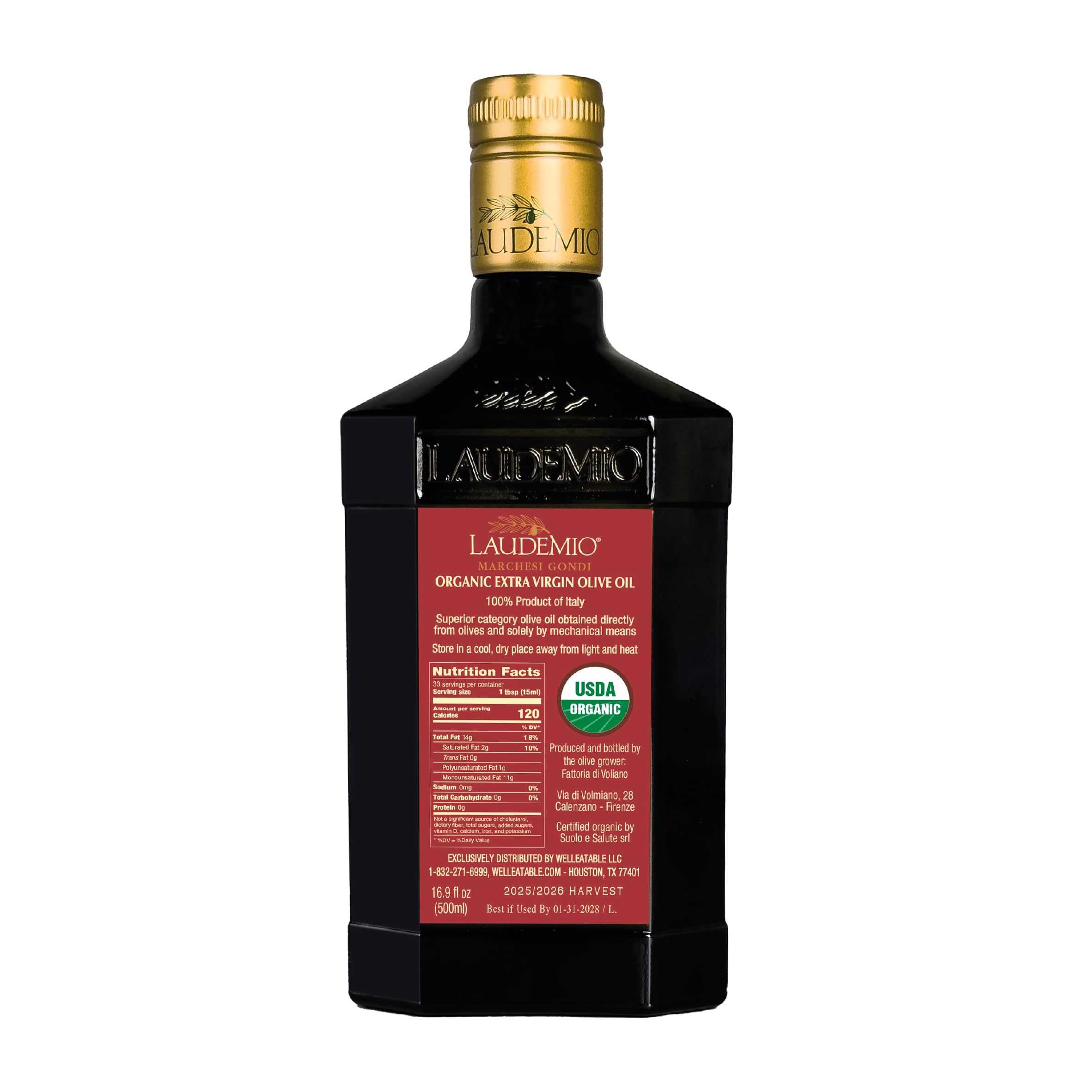 WellEatable Laudemio Volmiano bottle beside common items to show actual size and scale