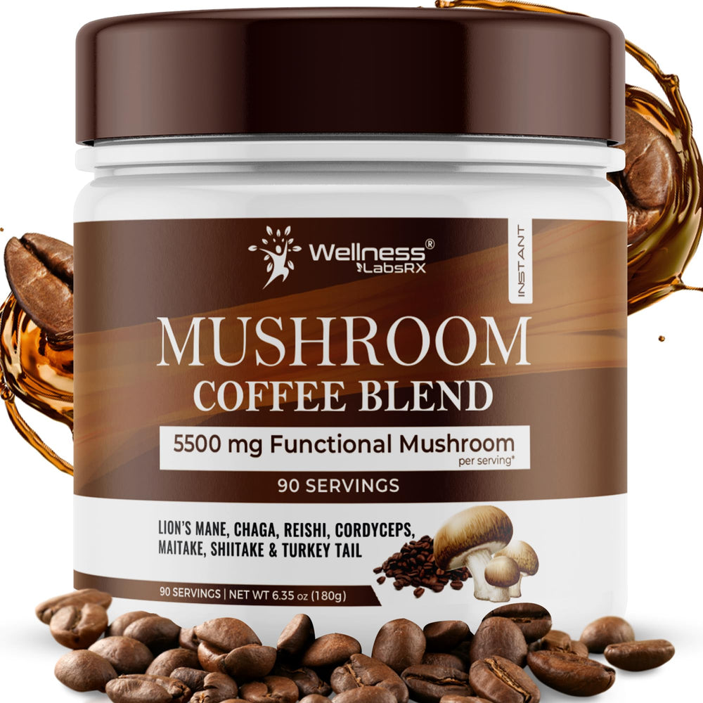 WELLNESS LABSRX front packaging showing organic mushroom coffee benefits