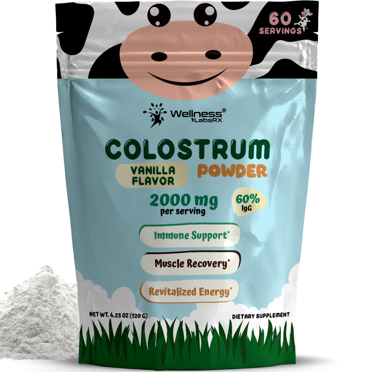 WELLNESS LABSRX front packaging showing vanilla colostrum and servings benefit