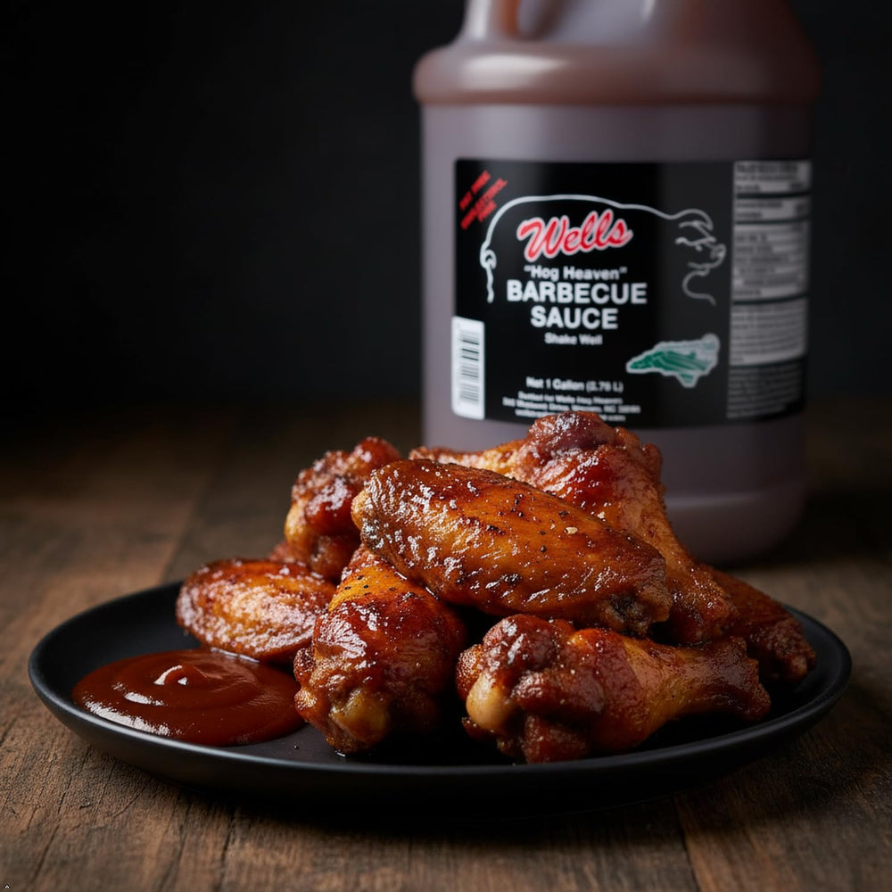 Wells Hog Heaven gallon next to ruler showing size and bulk value for cooks