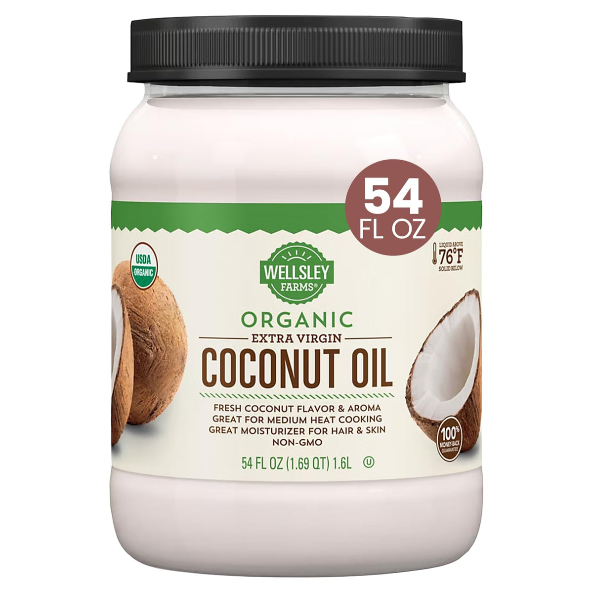 Wellsley Farms jar front label showing organic extra virgin coconut oil benefits