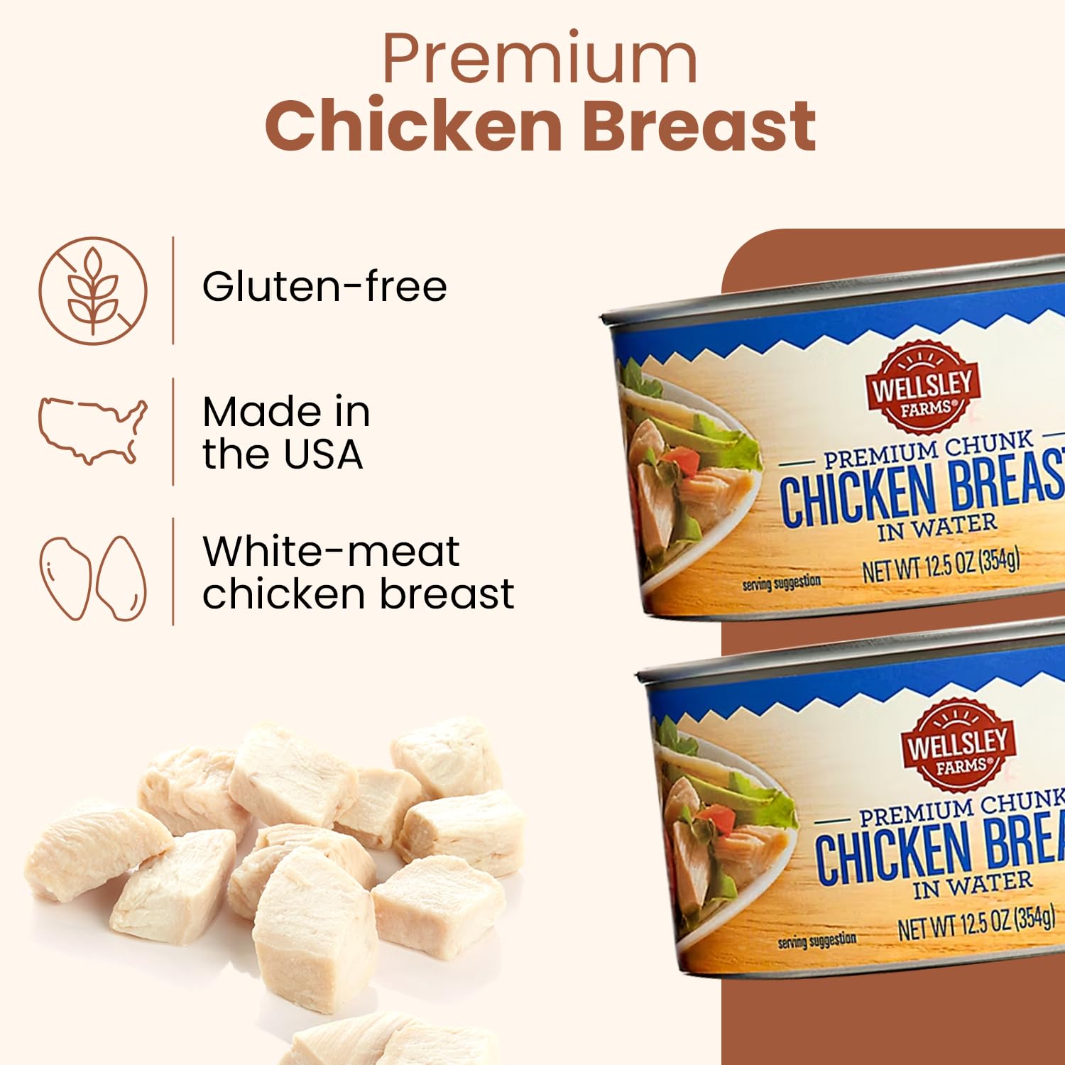 Wellsley Farms close-up of chunked chicken texture showing moist, ready-to-use protein