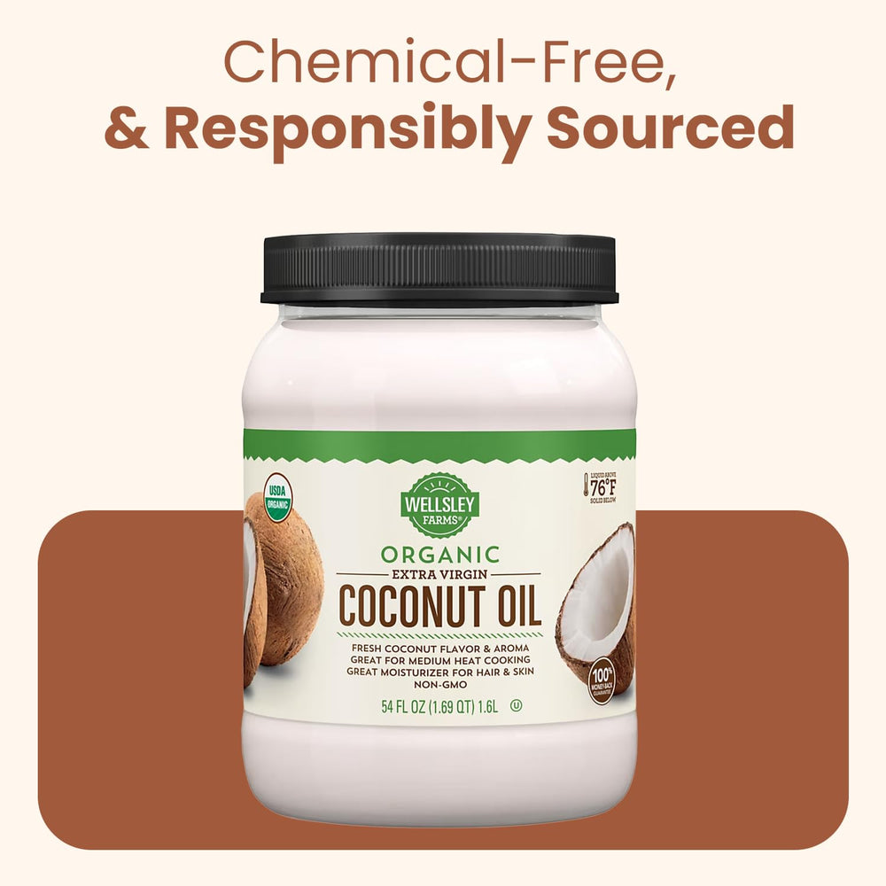 Wellsley Farms coconuts and oil indicating organic sourcing and natural origin