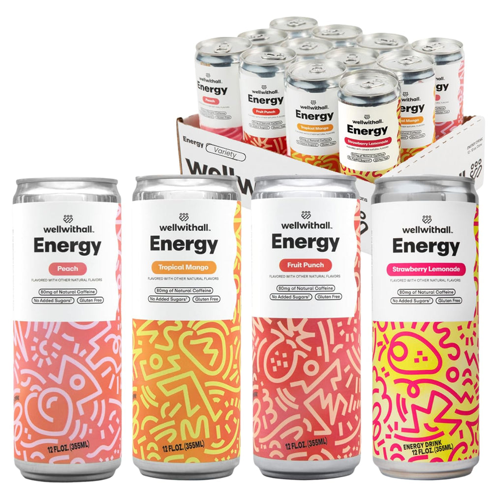 WellWithAll 12-pack front view showing all four flavors and packaging benefits