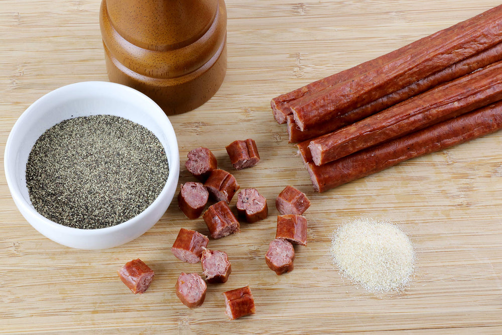 Wenzel's Farm close-up of beef stick texture highlighting natural hickory smoke