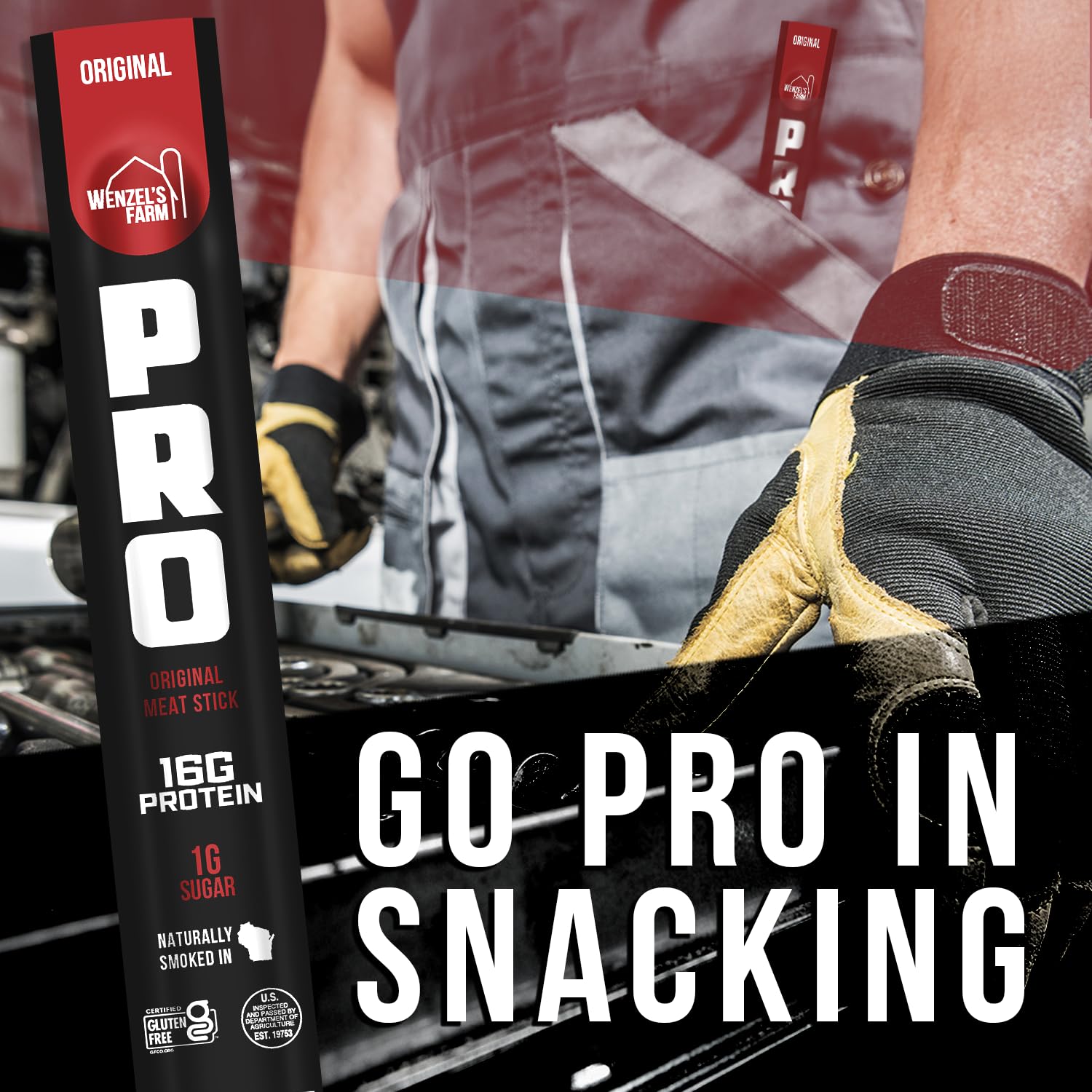 Wenzel's Farm stick held in hand showing portion size and portable protein benefit