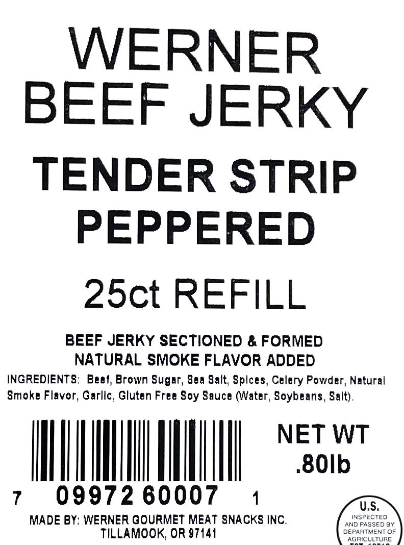 Werner close-up of peppered tender strip texture highlighting tender chew and pepper seasoning